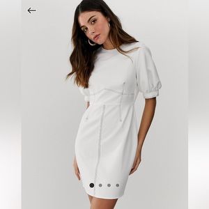 ASOS DESIGN contrast stitch white dress with puff sleeves NEW 14